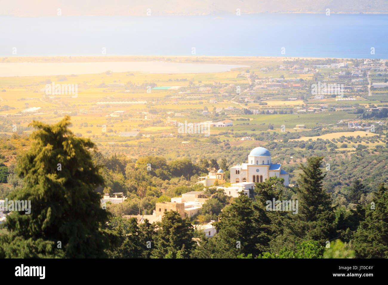 Beautiful view on sea and Greek church from in Zia village on Kos. Stock Photo