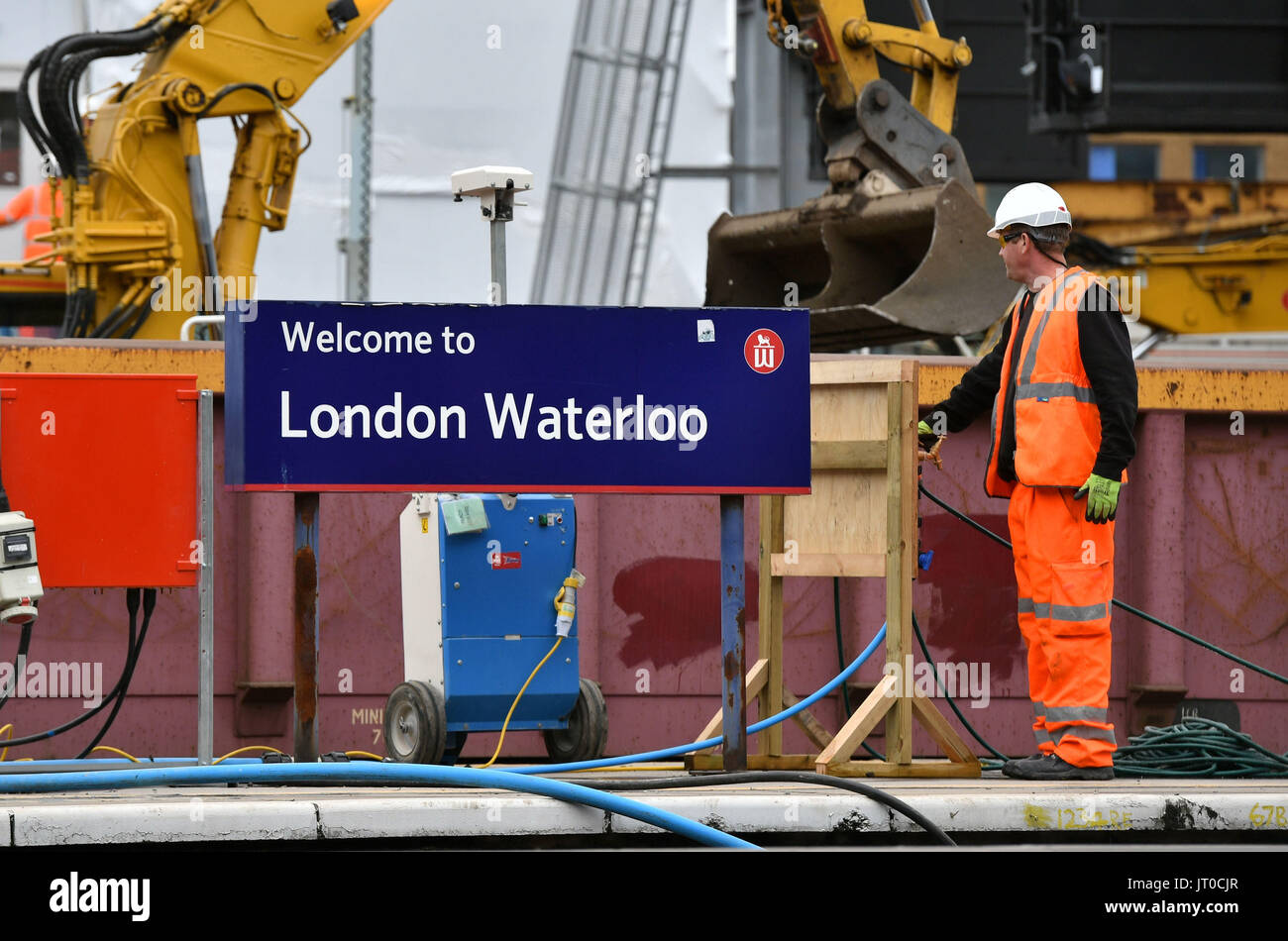 Engineering work is carried out at Waterloo Station in London in a major overhaul of the travel hub. Stock Photo