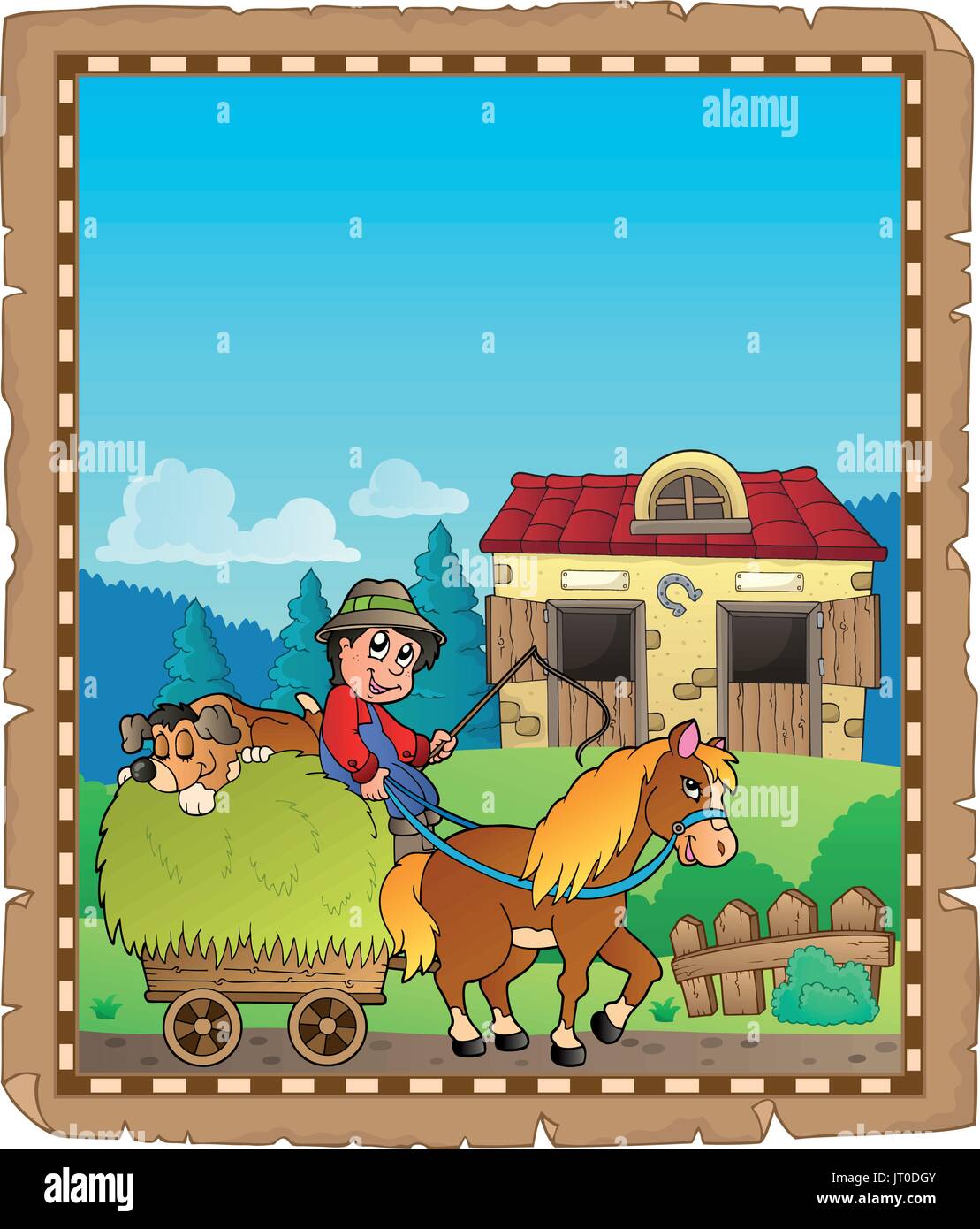 Parchment with farmer riding cart - eps10 vector illustration Stock ...