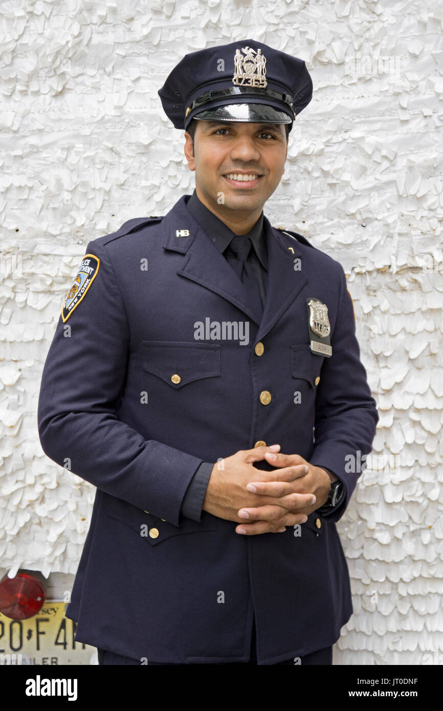 A posed portrait of a Pakistani policeman at the annual Pakistan Day Parade in Midtown Manhattan, New York City Stock Photo