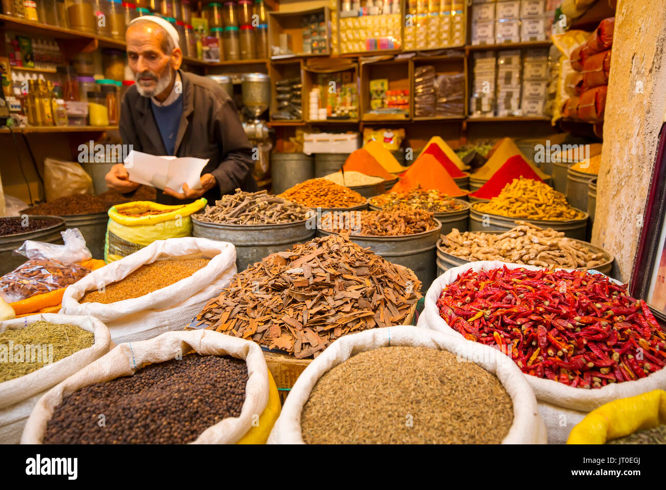 Spice and Herb Shop. Souk Medina of Fez, Fes el Bali. Morocco, Maghreb