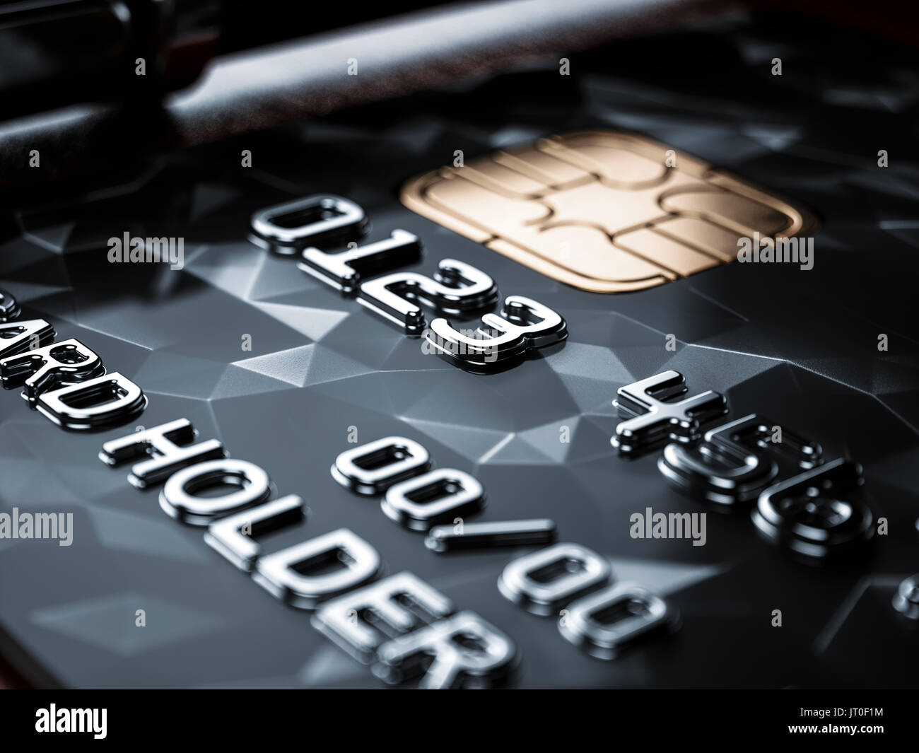 Selective focus point on black credit card background. Business concept image. 3d rendering illustration Stock Photo