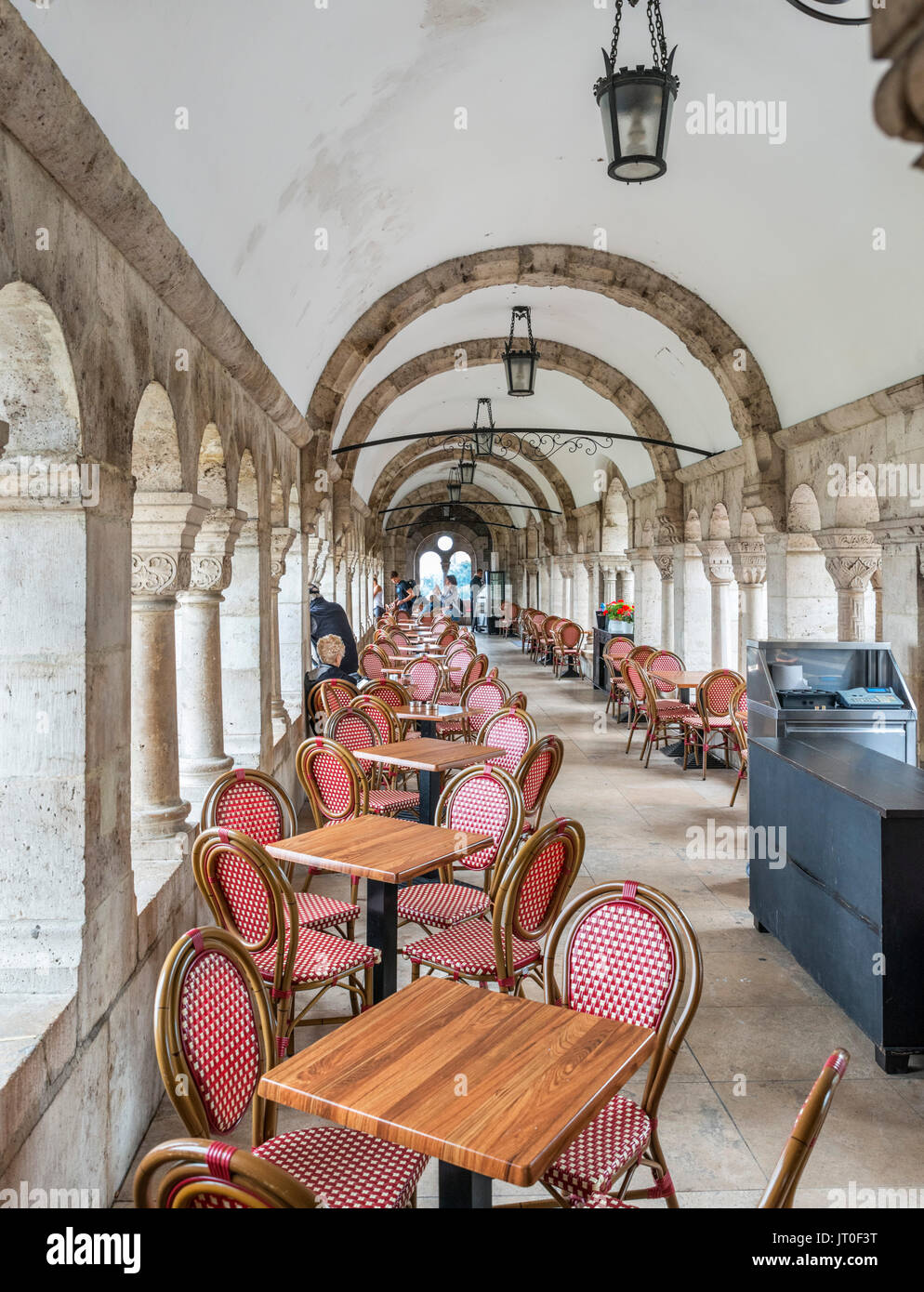 Cafe in Fishermen's Bastion, Buda Castle district, Castle Hill, Budapest, Hungary Stock Photo
