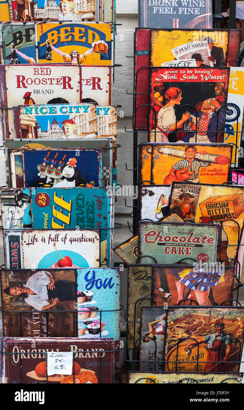 Vintage metal signs in a shop in Budapest,Hungary Stock Photo