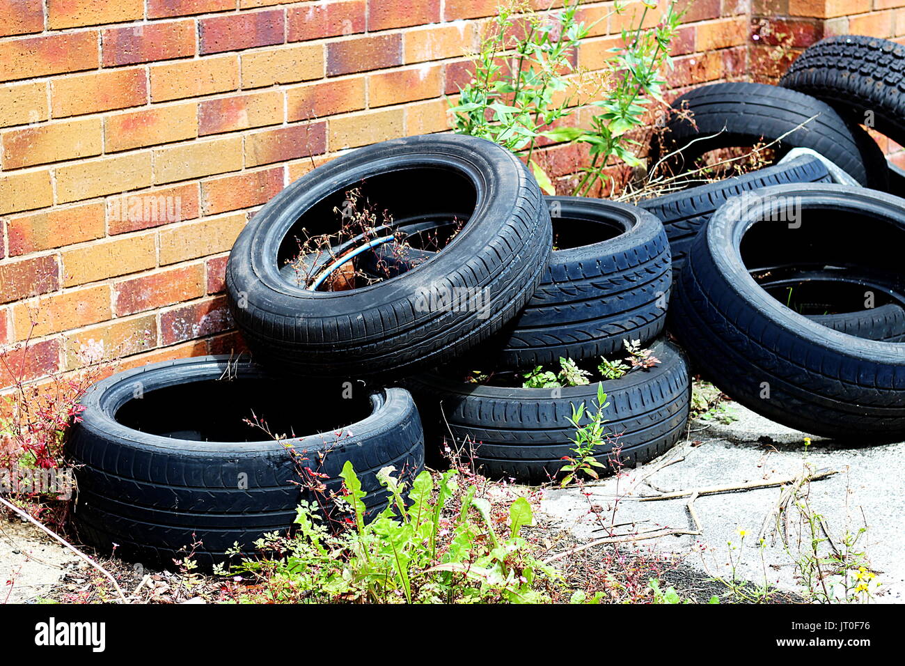 Weeds starting to grow amongst a pile of tyres left behind an autocentre Stock Photo