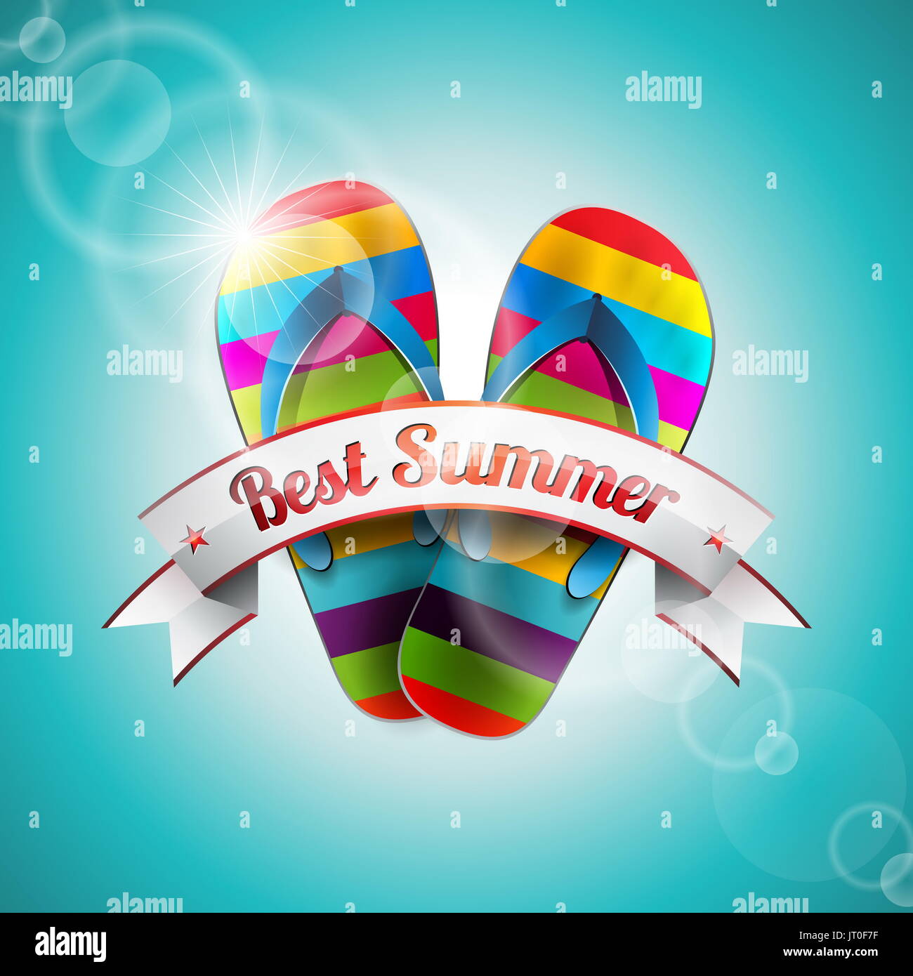 Vector Summer Holiday Design with slipper and ribbon on blue sea background. Eps10 illustration. Stock Photo