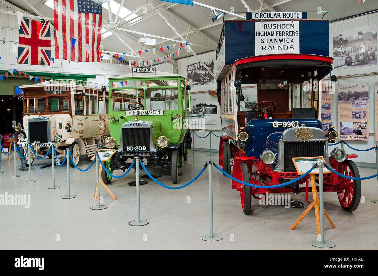 Three vintage buses preserved and in occasional use at the Shuttleworth Trust Stock Photo
