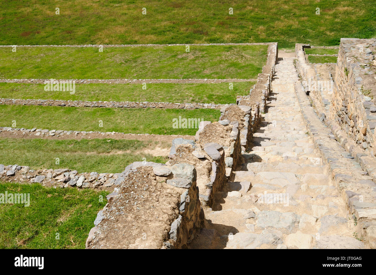 Peru, Ollantaytambo - Inca fortress in the sacred valley in the Peruvian Andes. The picture presents agricultural terraces at the Inca site Ollantayta Stock Photo
