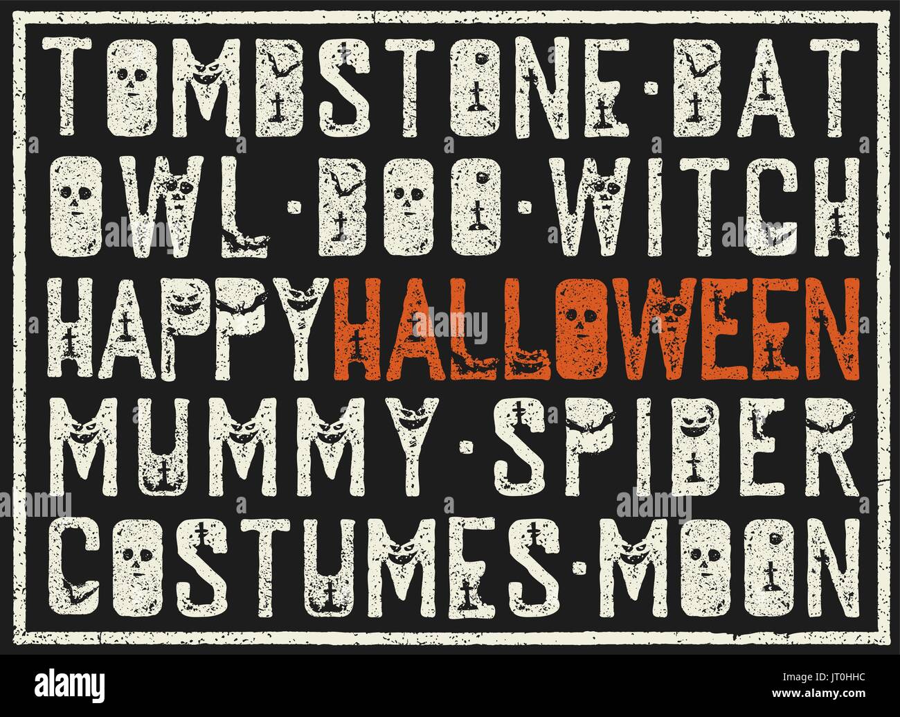Halloween words decorative poster. Grunge stamp letters with scary elements (bats, tombs, pumpkins). Holiday words in grunge frame. Stock Vector