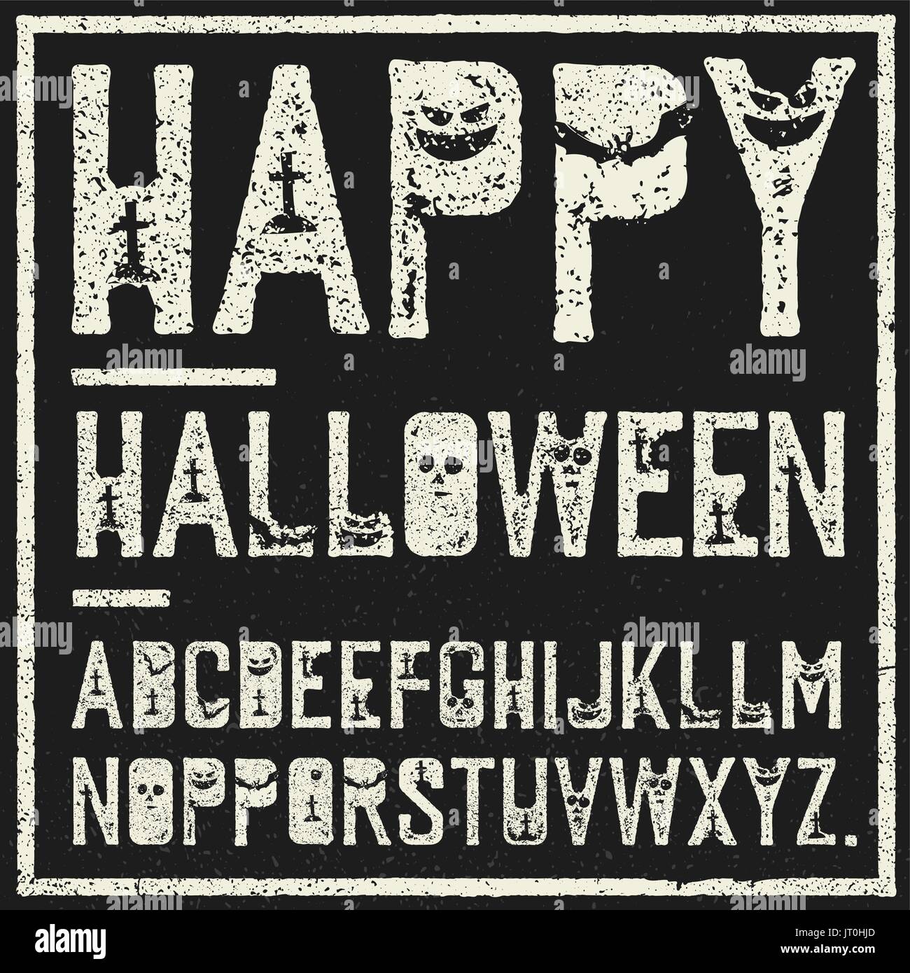 Happy Halloween decorative alphabet. Grunge stamp letters with scary elements (bats, graves, pumpkins). Vector font template. Stock Vector