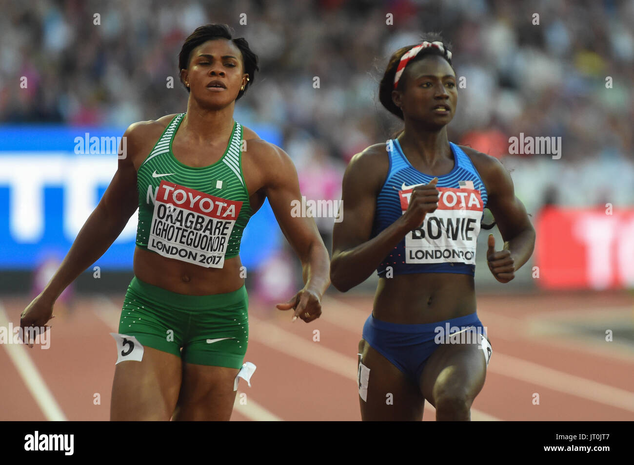 London, UK. 6th Aug, 2017. Blessing OKAGBARE-IGHOTEGUONOR, Nigeria, and Tori BOWIE, USA; during 100 meter semifinal in London on August 6, 2017 at the 2017 IAAF World Championships athletics. Credit: Ulrik Pedersen/Alamy Live News Stock Photo