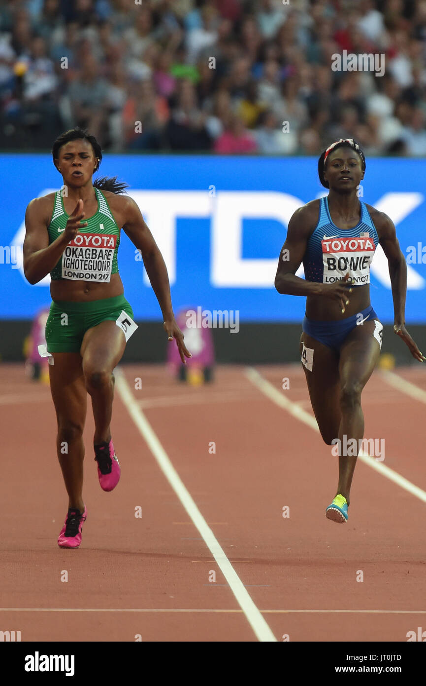 London, UK. 6th Aug, 2017. Blessing OKAGBARE-IGHOTEGUONOR, Nigeria, and Tori BOWIE, USA; during 100 meter semifinal in London on August 6, 2017 at the 2017 IAAF World Championships athletics. Credit: Ulrik Pedersen/Alamy Live News Stock Photo