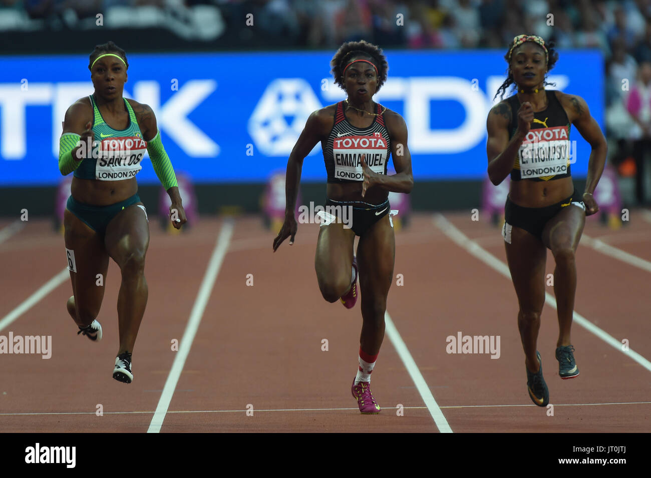 London, UK. 6th Aug, 2017. Elaine THOMPSON, Jamaica, and Rosangela SANTOS, Brazil, and Crystal EMMANUEL, Canada, during 100 meter semifinal in London on August 6, 2017 at the 2017 IAAF World Championships athletics. Credit: Ulrik Pedersen/Alamy Live News Stock Photo