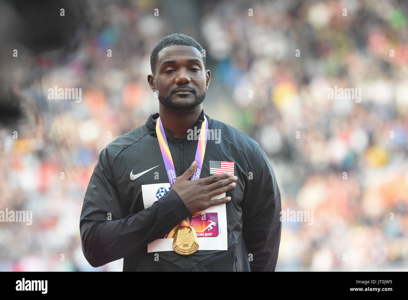 London, UK. 6th Aug, 2017. Justin Gatlin with his gold medal in London on August 6, 2017 at the 2017 IAAF World Championships athletics. Credit: Ulrik Pedersen/Alamy Live News Stock Photo
