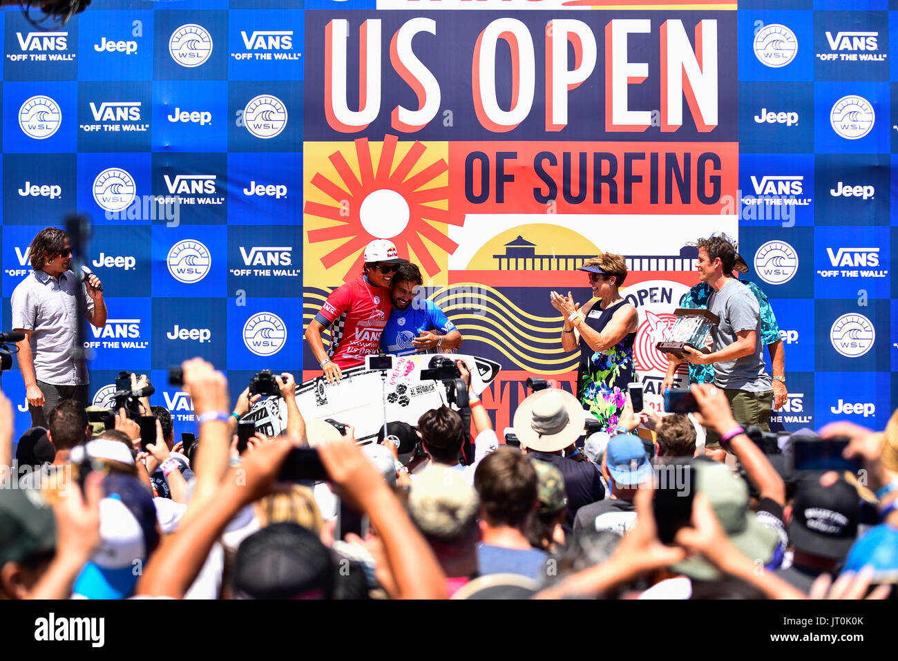 Huntington Beach, USA. 06 August, 2017. 2017 VANS US Open of Surfing champion Kanoa Igarashi (USA) (left) and runner up Tomas Hermes (BRA) (right) in Huntington Beach, CA. Credit: Benjamin Ginsberg/Alamy Live News. Stock Photo