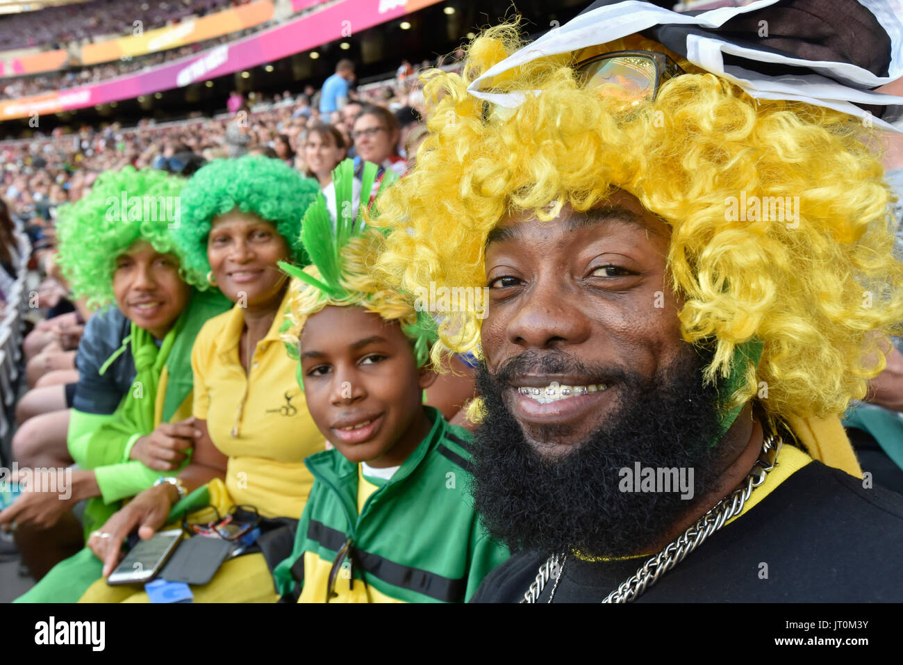 London, UK. 6 August 2017. Jamaican fans watch the women's 100m semi