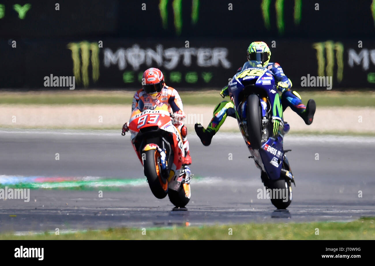 Motorcycle road racers L-R MARC MARQUEZ and VALENTINO ROSSI in action during the Grand Prix of the Czech Republic 2017 on the Circuit in Czech Republic, on August 5, 2017. (CTK