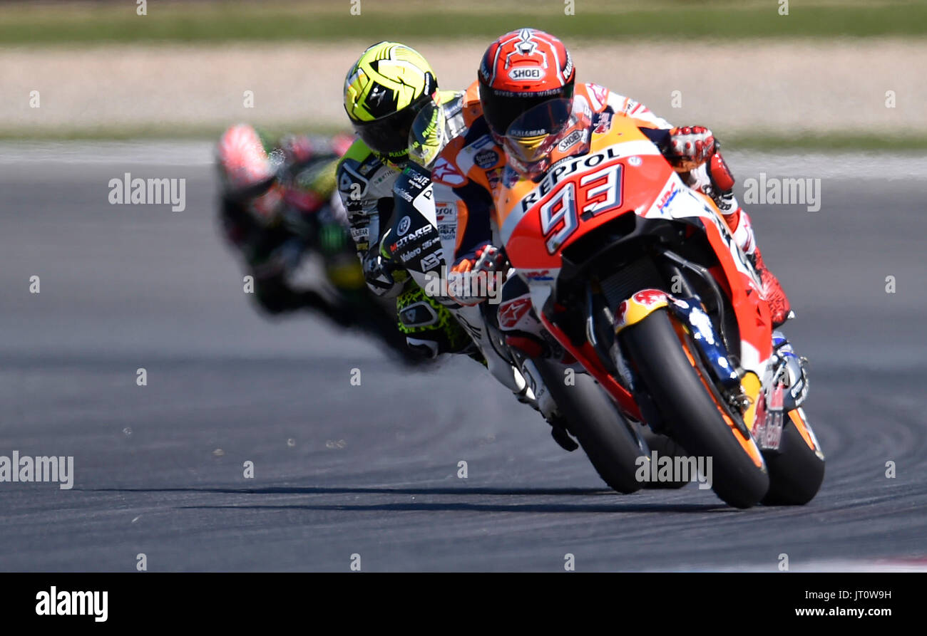 Spanish motorcycle road racers MARC MARQUEZ (right) and ALVARO BAUTISTA in  action during the Grand Prix of the Czech Republic 2017 on the Brno Circuit  in Czech Republic, on August 5, 2017. (