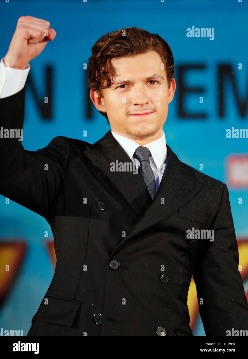 British actor Tom Holland and American director John Watts attended the premiere for their film Spider-Man: Homecoming on August 7, 2017 in Shinjuku, Tokyo, Japan. Many fans gathered at the event in the summer heat to welcome the stars who are in Japan for the first time. The Marvel film opens in Japanese theaters on August 11. Stock Photo