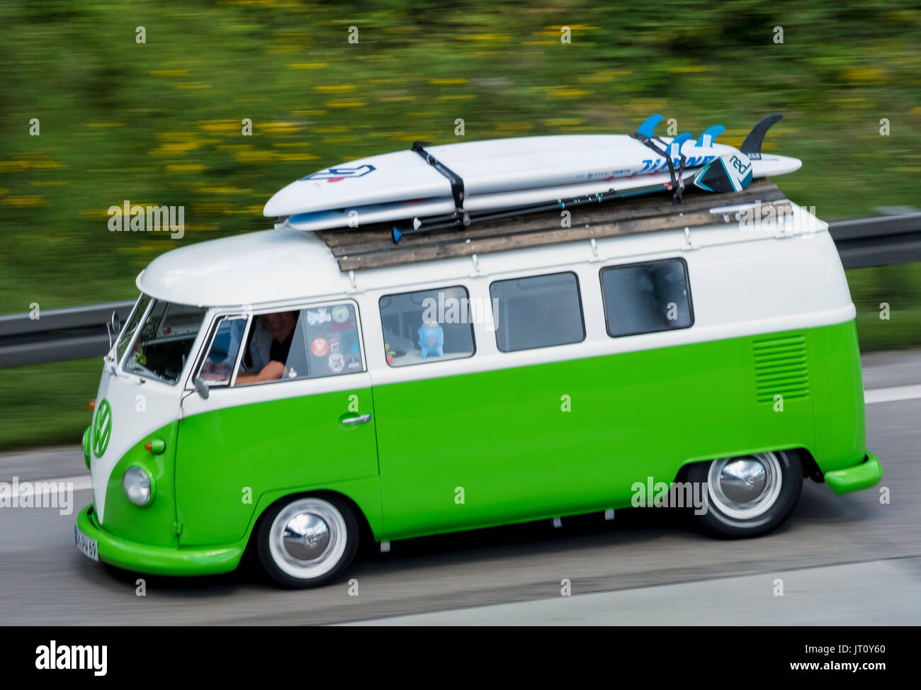 Hanover, Germany. 06th Aug, 2017. An old VW Transporter can be seen on its way the meeting on the occasion of the 70th anniversary of the Volkswagen Transporter on the