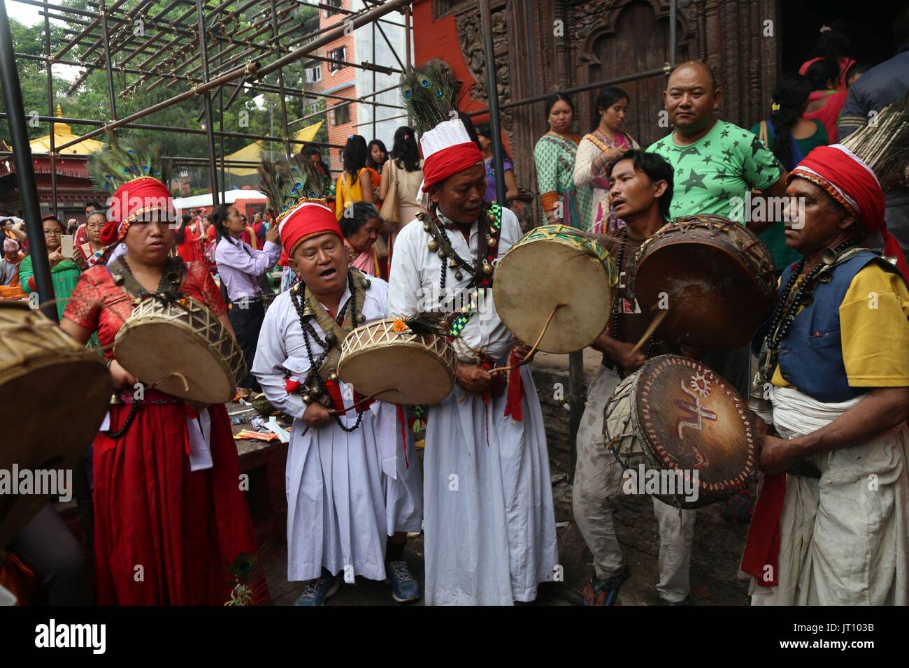 Lalitpur, Nepal. 7th Aug, 2017. Witch doctors perform religious rituals during Purnima festival at Kumbheshwor temple in Lalitpur, Nepal, on Aug. 7, 2017. Credit: Sunil Sharma/Xinhua/Alamy Live News Stock Photo