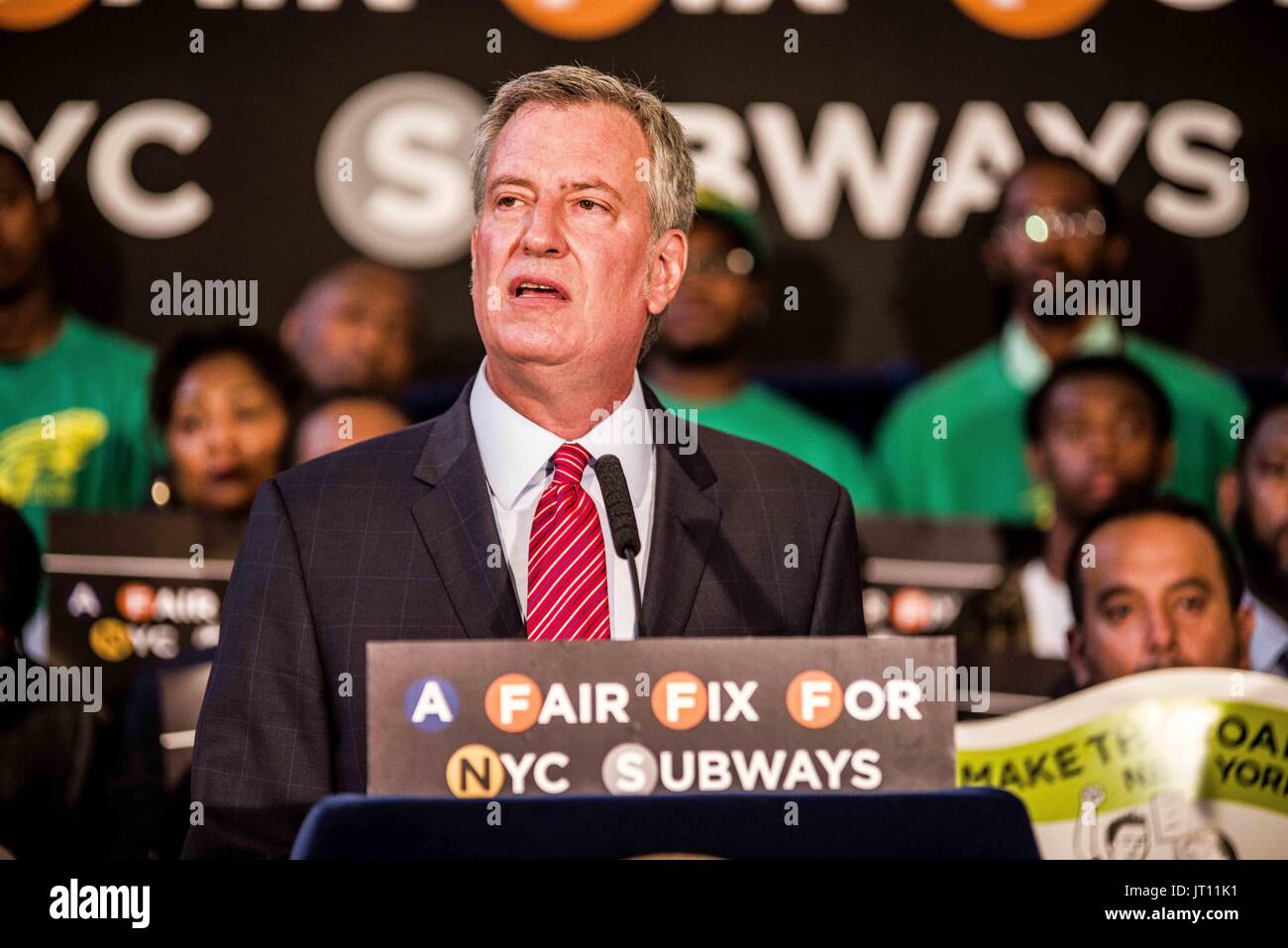 New York City, New York, USA. 7th Aug, 2017. (photo: Sachelle Babbar) At City Hall on Monday Mayor de Blasio announced a bill to impose a tax on the wealthiest New Yorkers in order to finance the long-overdue repairs, upgrades, and general maintenance of the NYC subway system. As of late, the subway system has been plagued with delays and accidents, including a June subway derailment that injured dozens. The derailment was due to the storage of loose items by MTA personnel on the tracks. Credit: ZUMA Press, Inc./Alamy Live News Stock Photo