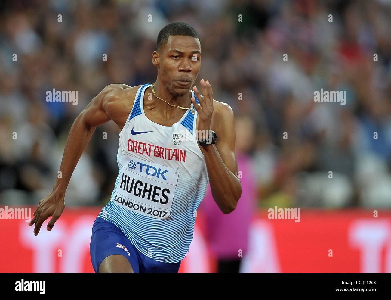 London, UK. 7th Aug, 2017. Zharnel HUGHES (GBR) in the mens 200m heats. IAAF world athletics championships. London Olympic stadium. Queen Elizabeth Olympic park. Stratford. London. UK. 07/08/2017. Credit: Sport In Pictures/Alamy Live News Stock Photo