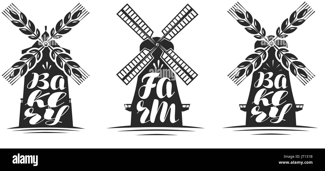 Bakery, farm logo or label. Mill, windmill icon. Lettering, calligraphy vector illustration Stock Vector