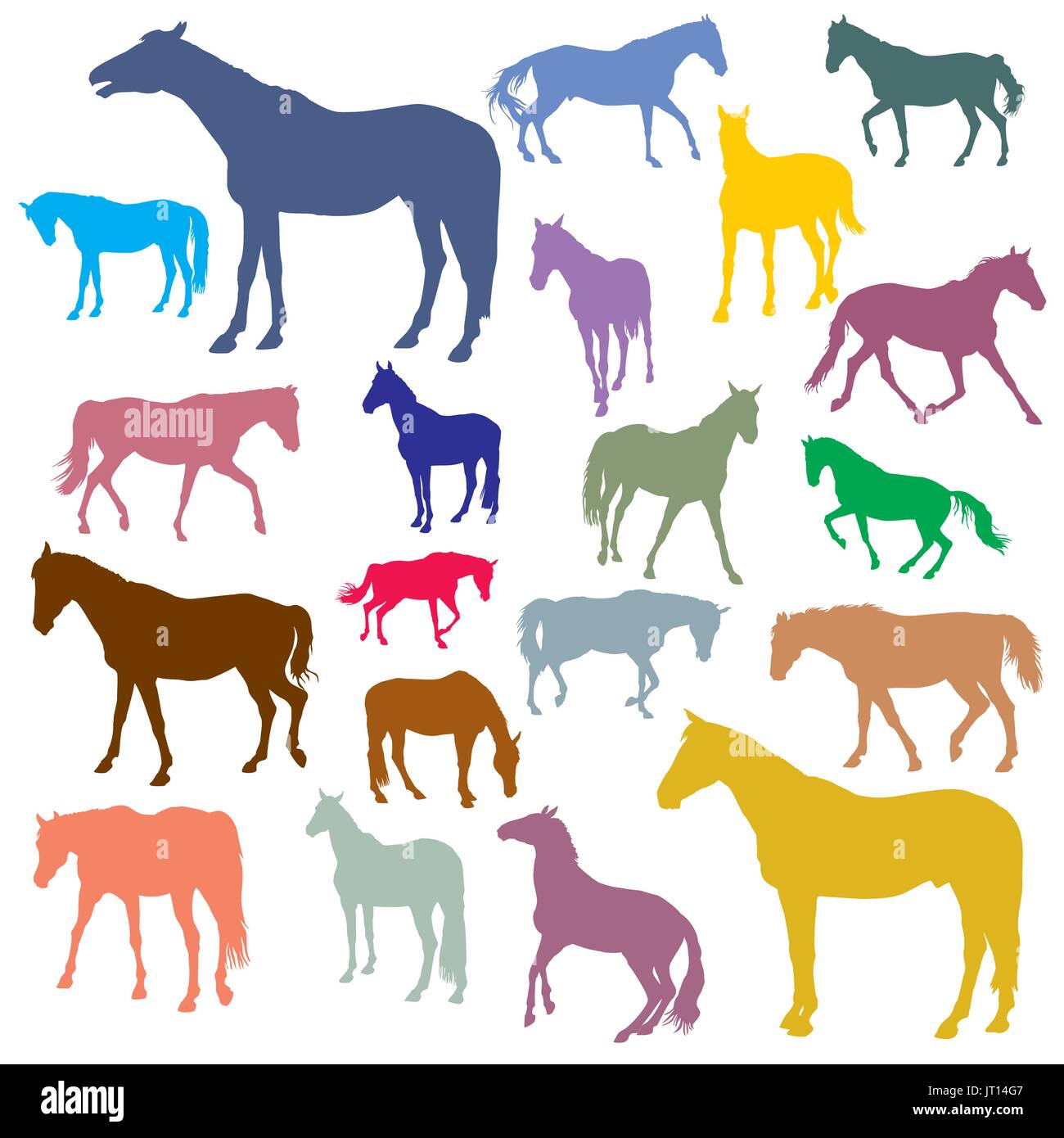 Vector isolated colorful standing, trotting and galloping horses silhouettes on white background Stock Vector