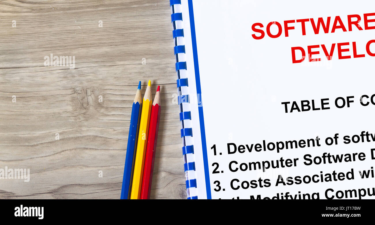 Software development concept- with index of a lecture cover sheet. Stock Photo