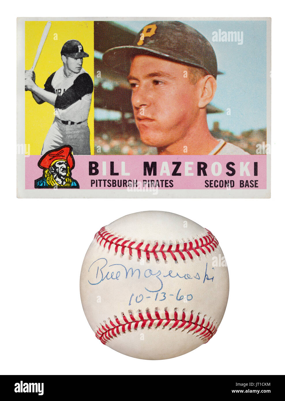 Autographed baseball by Pittsburgh Pirate second baseman Bill Mazeroski dated 10-13-60.  Bill is the only player in MLB history to hit a walk off home Stock Photo