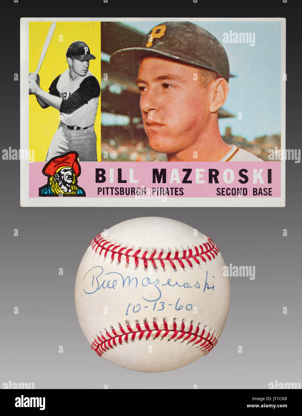 1960 baseball card and autographed baseball by Pittsburgh Pirate second baseman Bill Mazeroski dated 10-13-60.  Bill is the only player in MLB history Stock Photo
