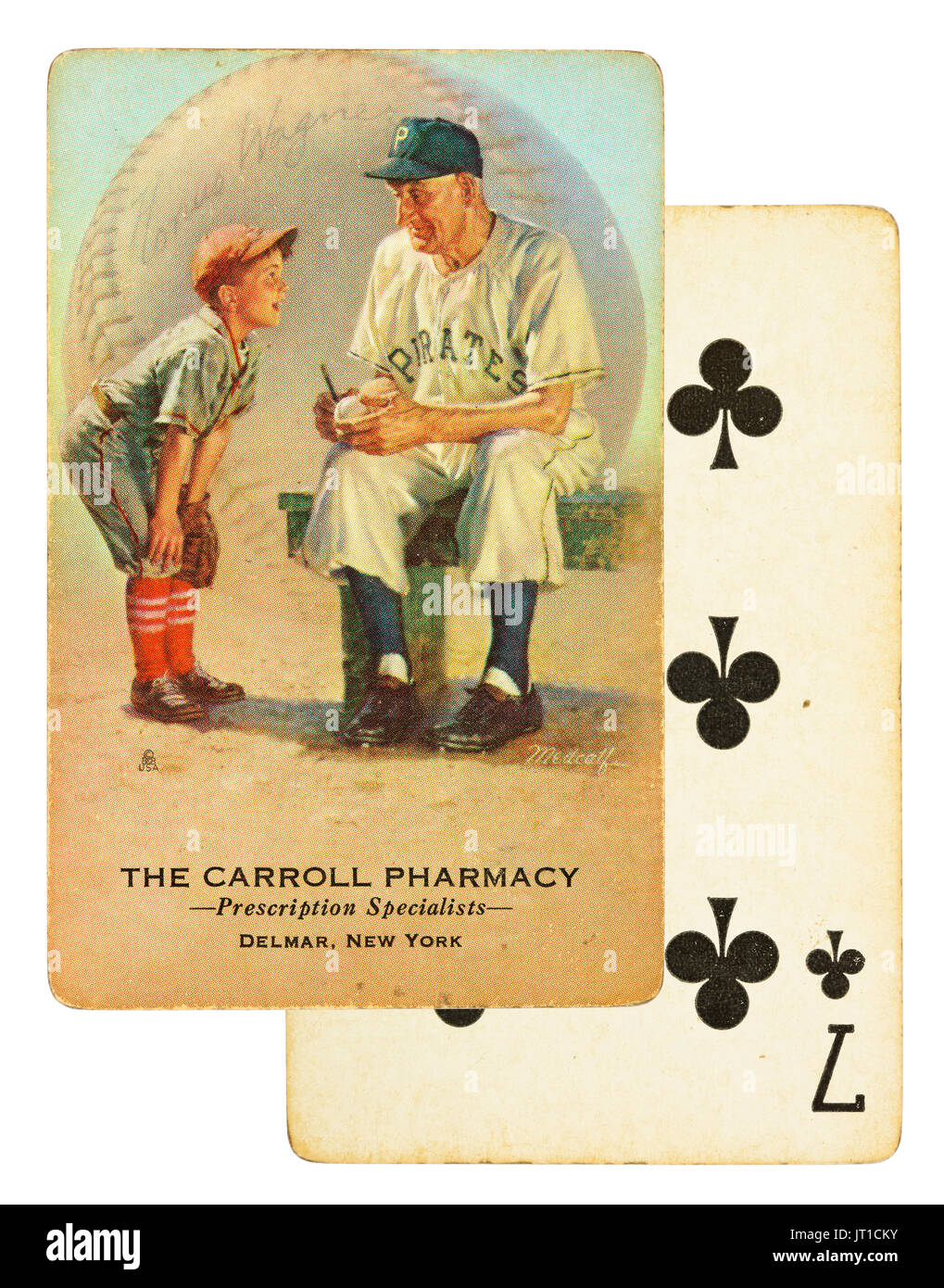 Artwork by Bill Medcalf of baseball great Honus Wagner used as advertising on the back of playing cards ca: 1953.  The cards were printed by Brown & B Stock Photo