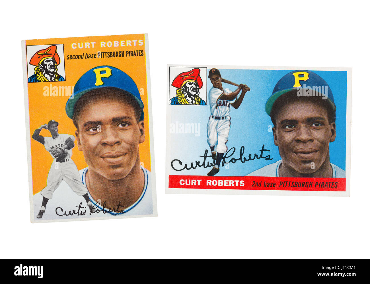 1954 and 1955 baseball cards of Pittsburgh Pirates 2nd basemen Curtis Roberts, the first African American to play for the Pirates. Stock Photo