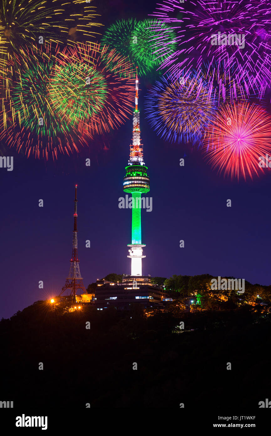 Seoul tower and firework in korea Stock Photo - Alamy