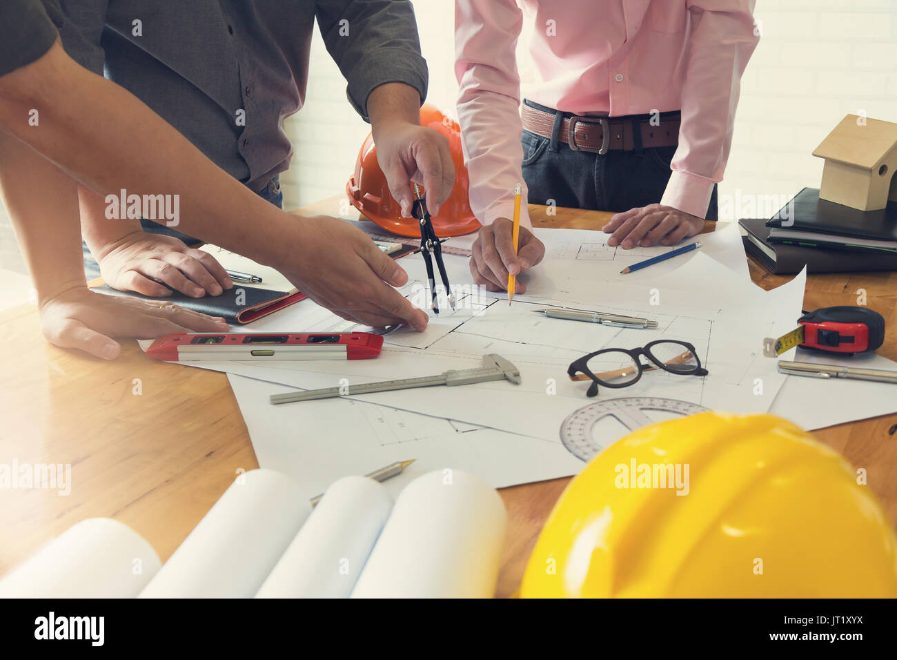 Engineer and Architect concept, Engineer Architects office team working ...