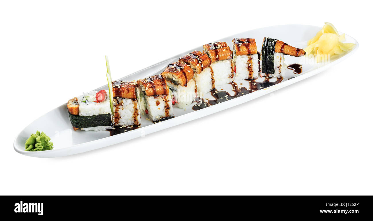 Sushi Dragon Roll plate - isolated on white background Stock Photo - Alamy