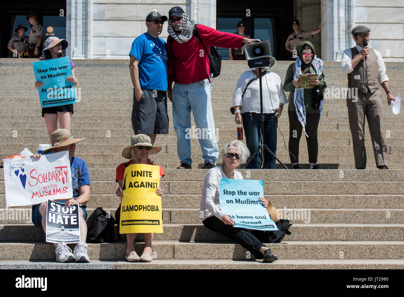 St. Paul, Minnesota. State capitol. Pro Sharia protesters counterprotesting a rally that is going on inside the capitol which critizes Sharia law. Stock Photo
