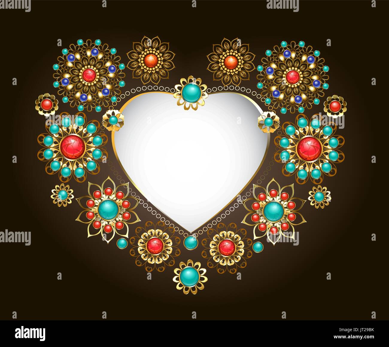 Ethnic frame in the form of a heart, decorated with turquoise and jasper on a dark background. Jewelery in boho style. Stock Vector