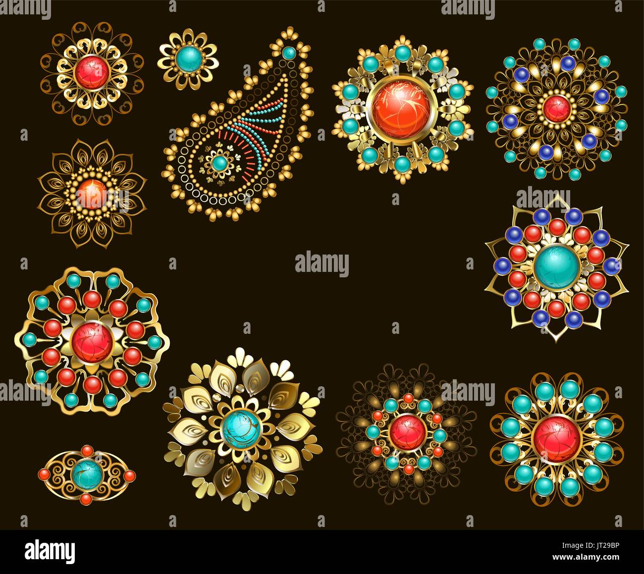 Set of jewelry ethnic Brooches adorned with jasper, turquoise and lapis lazuli. Jewelery in boho style. Stock Vector
