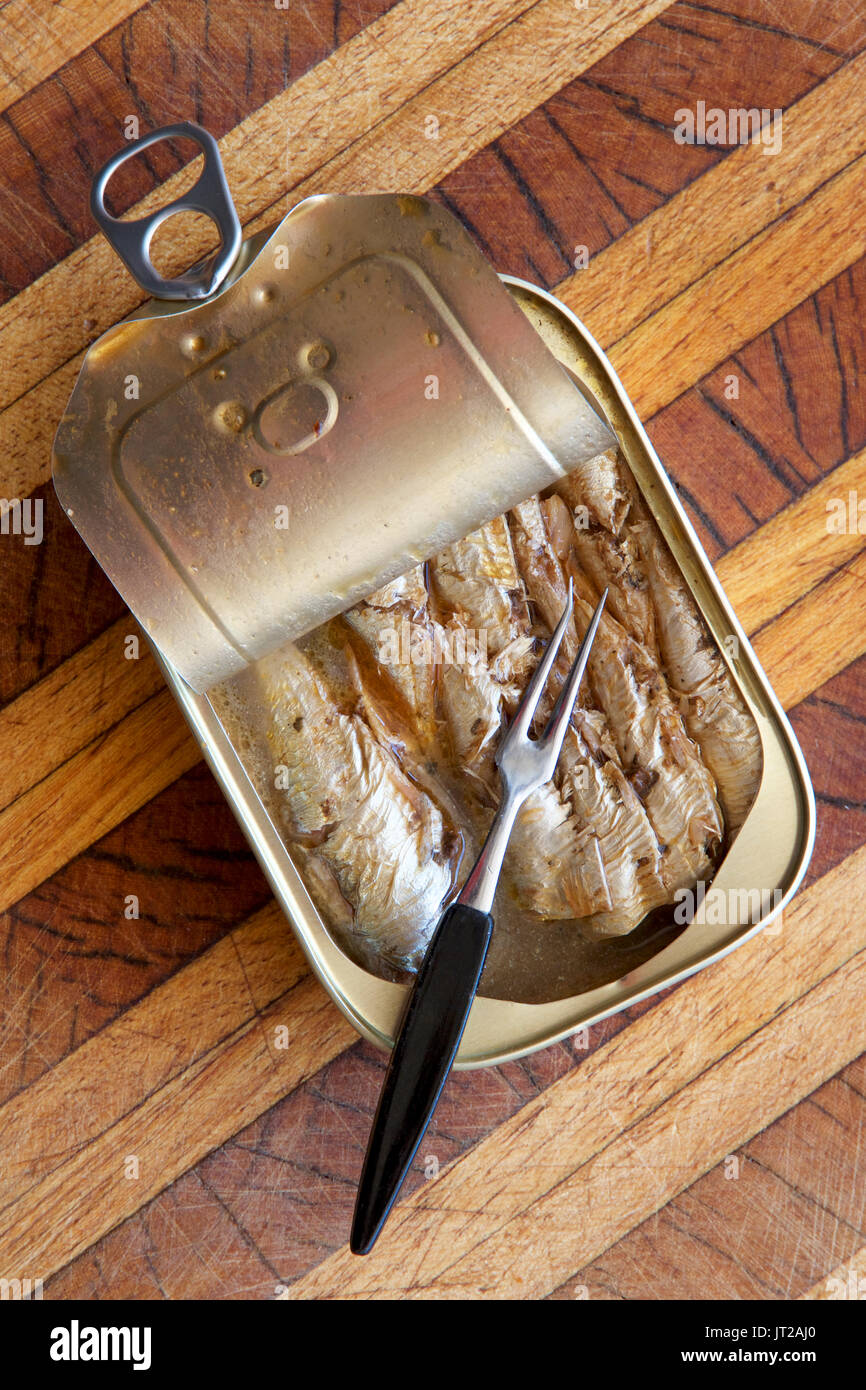 A tin of sardines in mineral spring water with a fork Stock Photo Alamy