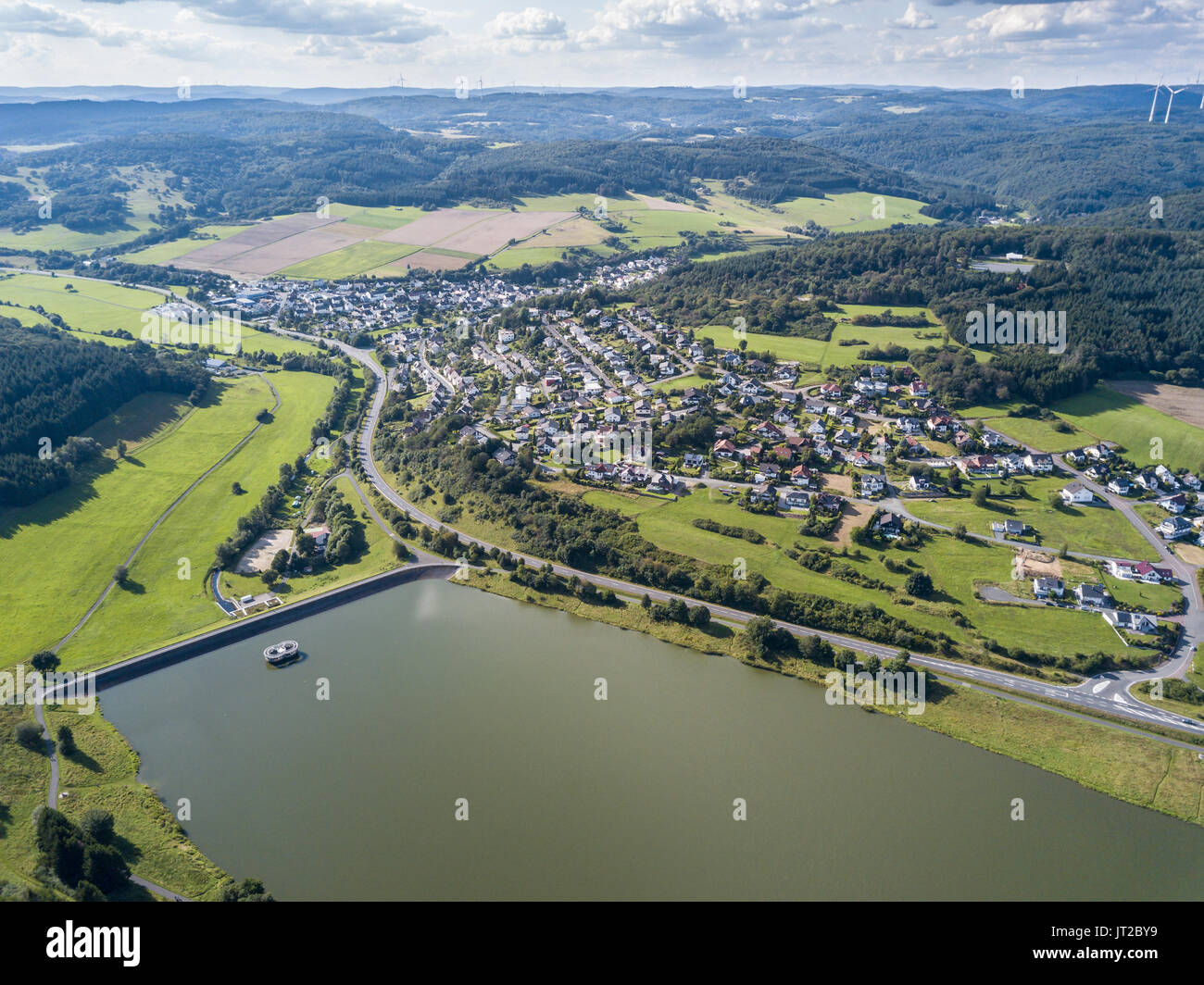 Aerial view of the Aar Dam and its reservoir, the Aartalsee. Bischoffen, Province of Hesse, Germany Stock Photo