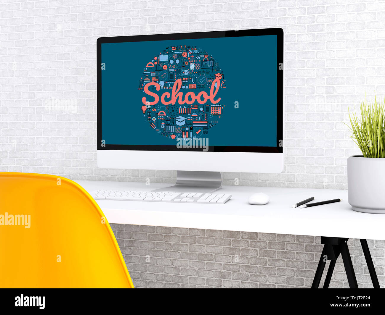 3D illustration. Modern workspace and computer. Online education