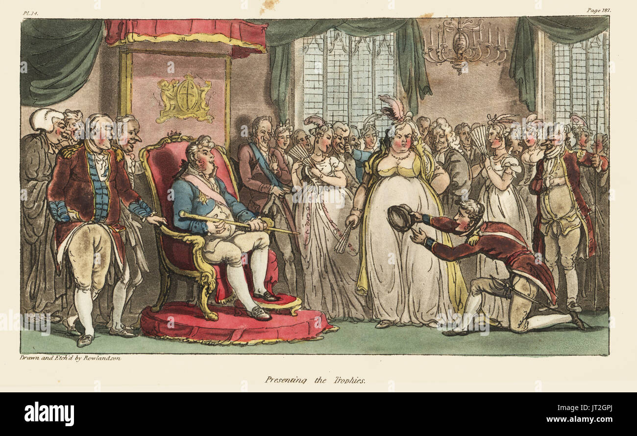 Captain Johnny Newcome presenting the trophies of war, King Joseph Bonaparte's hat and Marshal Jean-Baptiste Jourdan's baton, to the Prince Regent at Carlton House. Handcoloured copperplate engraving drawn and etched by Thomas Rowlandson from Colonel David Roberts' The Military Adventures of Johnny Newcome, Martin, London, 1815. Stock Photo