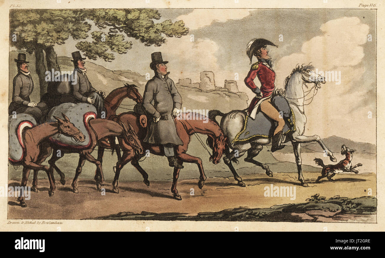 Captain Johnny Newcome and his servants with pack horses on the road to Santarem, Portugal, to return to the Peninsula Campaign. Handcoloured copperplate engraving drawn and etched by Thomas Rowlandson from Colonel David Roberts' The Military Adventures of Johnny Newcome, Martin, London, 1815. Stock Photo