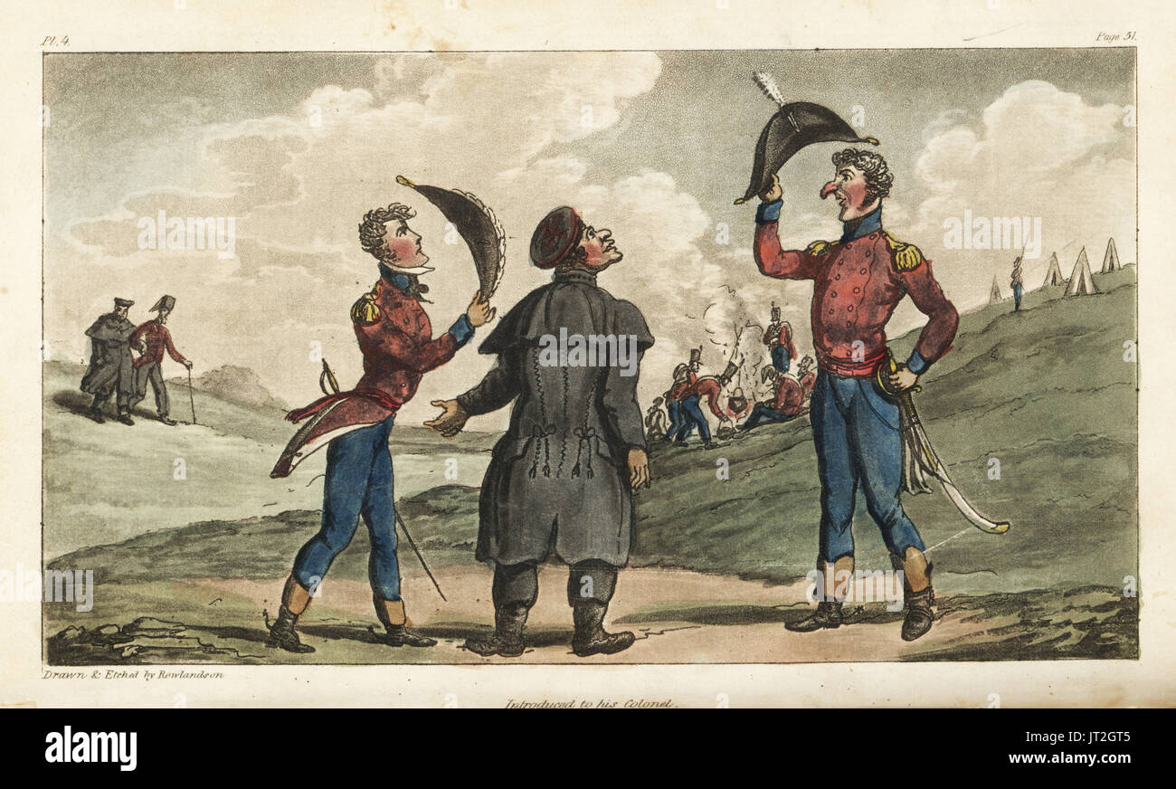 Ensign Johnny Newcome introduced to the Colonel of his regiment before the Battle of Salamanca. Handcoloured copperplate engraving drawn and etched by Thomas Rowlandson from Colonel David Roberts' The Military Adventures of Johnny Newcome, Martin, London, 1815. Stock Photo