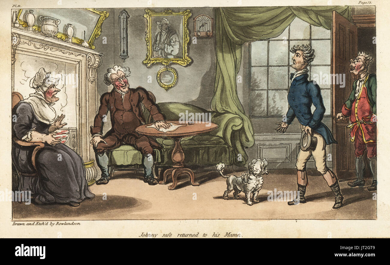 Ensign Johnny Newcome returns home to England on sick leave from the Peninsula Campaign. Handcoloured copperplate engraving drawn and etched by Thomas Rowlandson from Colonel David Roberts' The Military Adventures of Johnny Newcome, Martin, London, 1815. Stock Photo