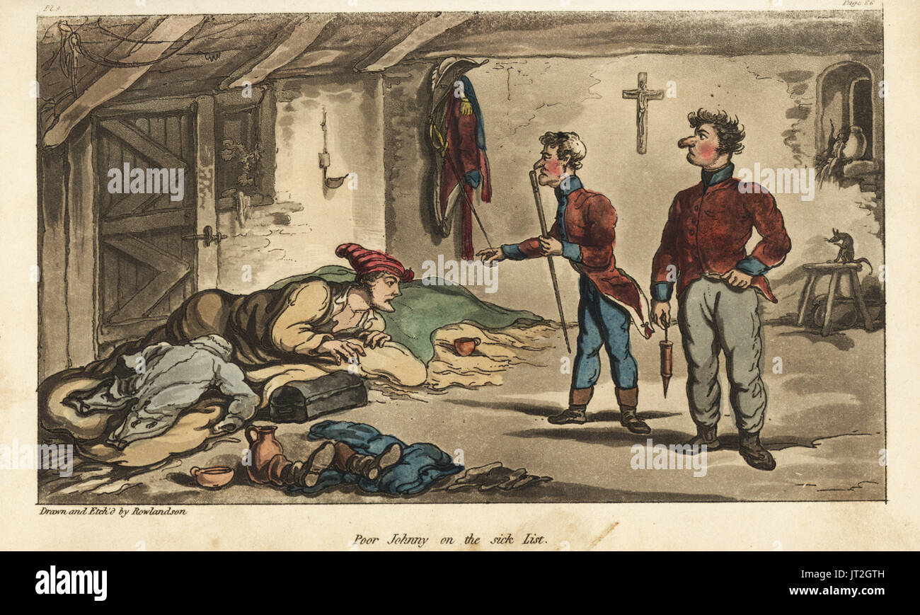Ensign Johnny Newcome down with dysentery in his billet in Medina, Spain. Handcoloured copperplate engraving drawn and etched by Thomas Rowlandson from Colonel David Roberts' The Military Adventures of Johnny Newcome, Martin, London, 1815. Stock Photo