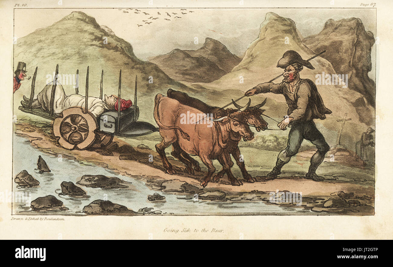 Ensign Johnny Newcome, sick with dysentery, taken by ox cart to Salamanca, Spain. Handcoloured copperplate engraving drawn and etched by Thomas Rowlandson from Colonel David Roberts' The Military Adventures of Johnny Newcome, Martin, London, 1815. Stock Photo