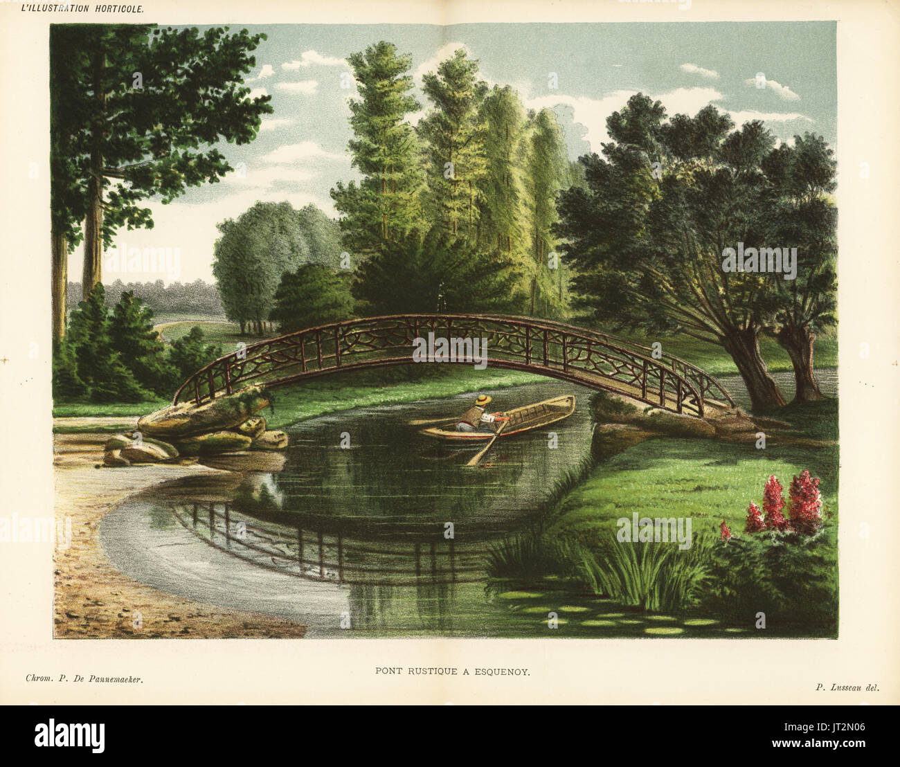 Rustic bridge at Esquenoy. Chromolithograph by Pieter de Pannemaeker from Jean Linden's l'Illustration Horticole, Brussels, 1885. Stock Photo